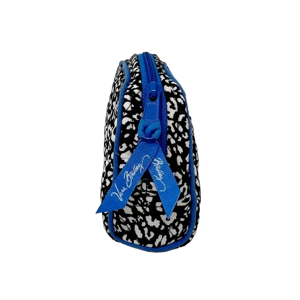 Vera Bradley Quilted Cosmetic Bag Black White Leopard Print Blue Trim Dome Pouch